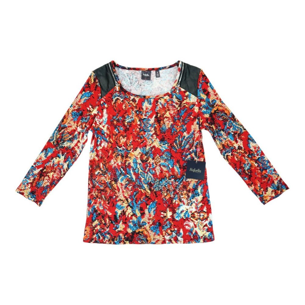 NWT Rafaella Top Shirt Womens Medium Red Tapestry Print Faux Zip Leather Trim